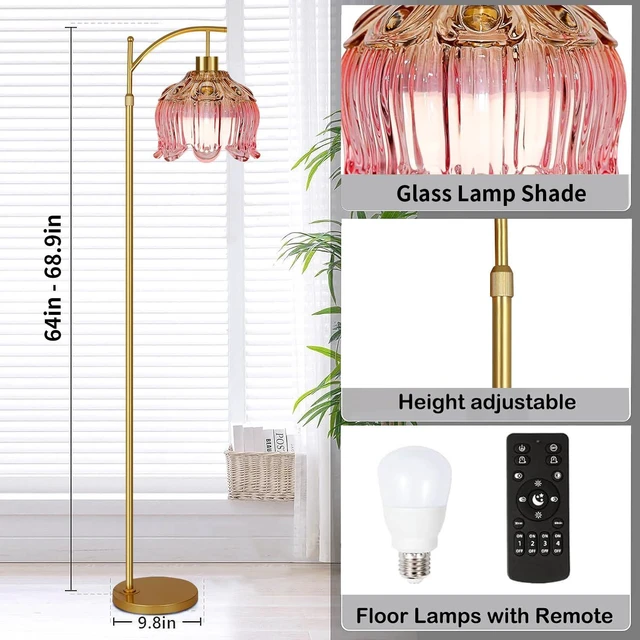 Alt view image 5 of 7 - Pink Floor Lamp for Living Room,Bedroom,Glass Gold Dimmable Standing Lamp with Remote,Mid Century Modern Brass Tall Lamp Boho Floor Lamps Arc Stained Tulip Flower Floor Light Lamp Bohemian