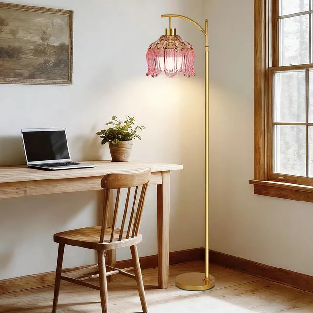 Alt view image 6 of 7 - Pink Floor Lamp for Living Room,Bedroom,Glass Gold Dimmable Standing Lamp with Remote,Mid Century Modern Brass Tall Lamp Boho Floor Lamps Arc Stained Tulip Flower Floor Light Lamp Bohemian