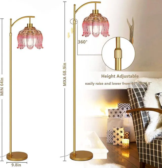 Alt view image 7 of 7 - Pink Floor Lamp for Living Room,Bedroom,Glass Gold Dimmable Standing Lamp with Remote,Mid Century Modern Brass Tall Lamp Boho Floor Lamps Arc Stained Tulip Flower Floor Light Lamp Bohemian