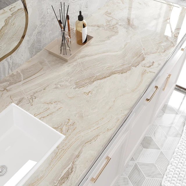 Alt view image 2 of 7 - Large Size Marble Contact Paper Peel and Stick Countertops for Kitchen Waterproof Beige Gold Marble Wallpaper for Countertops Walls 32''x118'' Self Adhesive Countertop Vinyl for Bathroom Desk