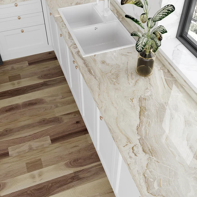 Alt view image 3 of 7 - Large Size Marble Contact Paper Peel and Stick Countertops for Kitchen Waterproof Beige Gold Marble Wallpaper for Countertops Walls 32''x118'' Self Adhesive Countertop Vinyl for Bathroom Desk