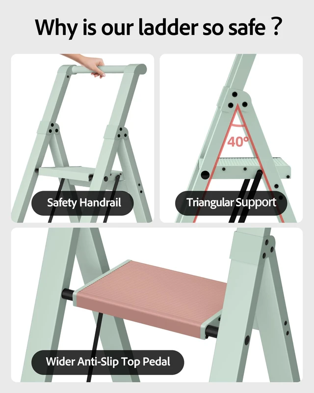 Alt view image 3 of 7 - 3 Step Ladder,Aluminum Step Stool Foldable-Fairyland Green Lightweight Folding Ladder with Handgrip,Wide Top Pedal,330lbs Capacity Stepladder for Home,Office,Kitchen