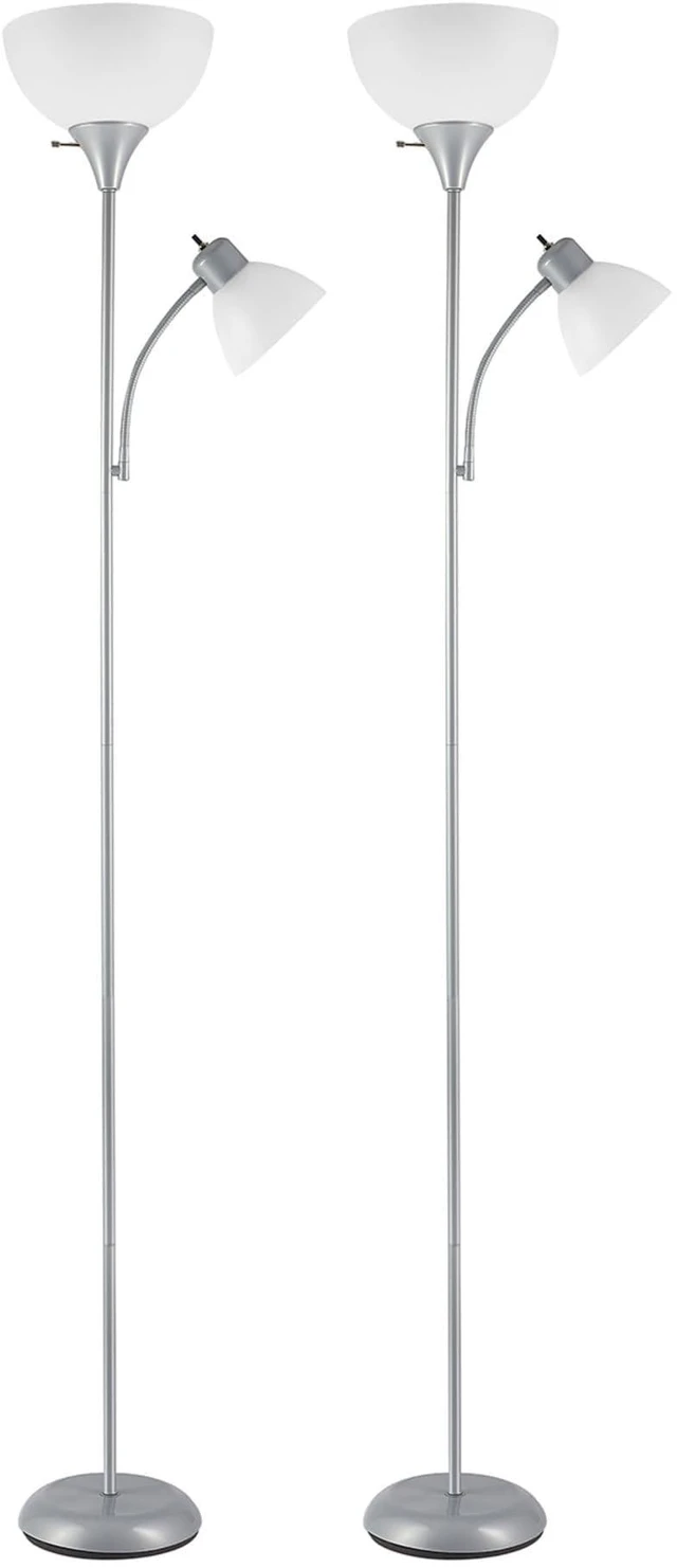 Main image of 67134 72" Torchiere Floor Lamp and Adjustable Reading Light, Silver, Frosted Shade, Dual Rotary Switch, 3-Step Dimming, Modern Lighting for Living Room or Office, Timeless (Pack of 2)