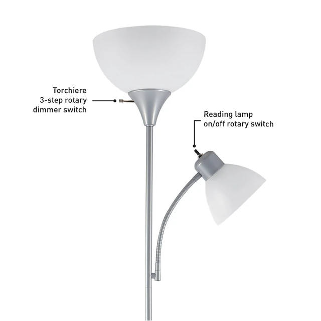 Alt view image 5 of 7 - 67134 72" Torchiere Floor Lamp and Adjustable Reading Light, Silver, Frosted Shade, Dual Rotary Switch, 3-Step Dimming, Modern Lighting for Living Room or Office, Timeless (Pack of 2)