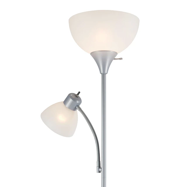 Alt view image 6 of 7 - 67134 72" Torchiere Floor Lamp and Adjustable Reading Light, Silver, Frosted Shade, Dual Rotary Switch, 3-Step Dimming, Modern Lighting for Living Room or Office, Timeless (Pack of 2)