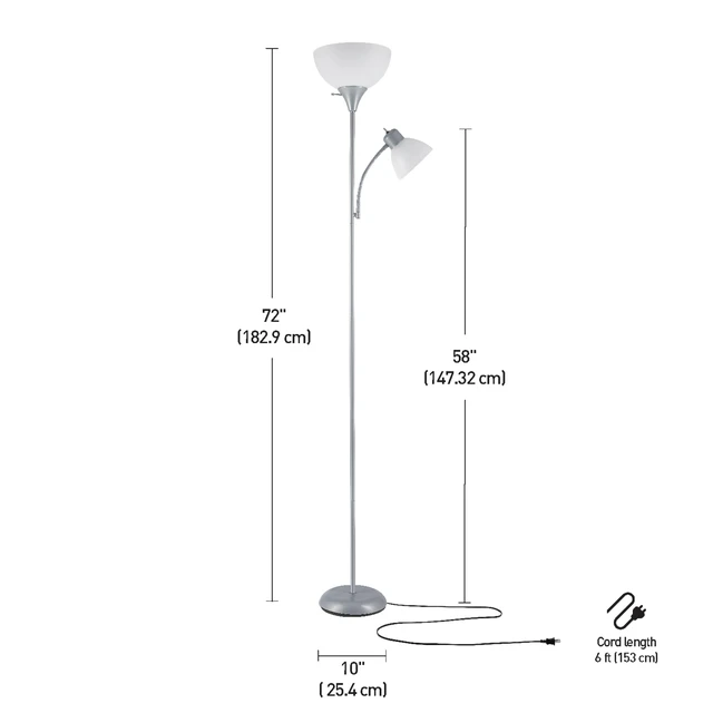 Alt view image 7 of 7 - 67134 72" Torchiere Floor Lamp and Adjustable Reading Light, Silver, Frosted Shade, Dual Rotary Switch, 3-Step Dimming, Modern Lighting for Living Room or Office, Timeless (Pack of 2)