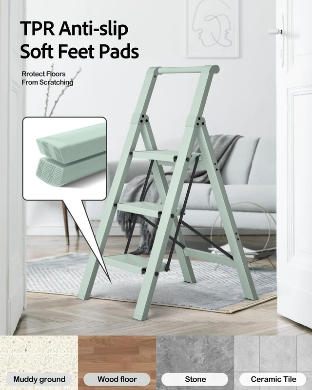 Alt view image 5 of 7 - 3 Step Ladder,Aluminum Step Stool Foldable-Fairyland Green Lightweight Folding Ladder with Handgrip,Wide Top Pedal,330lbs Capacity Stepladder for Home,Office,Kitchen