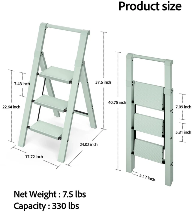 Alt view image 6 of 7 - 3 Step Ladder,Aluminum Step Stool Foldable-Fairyland Green Lightweight Folding Ladder with Handgrip,Wide Top Pedal,330lbs Capacity Stepladder for Home,Office,Kitchen