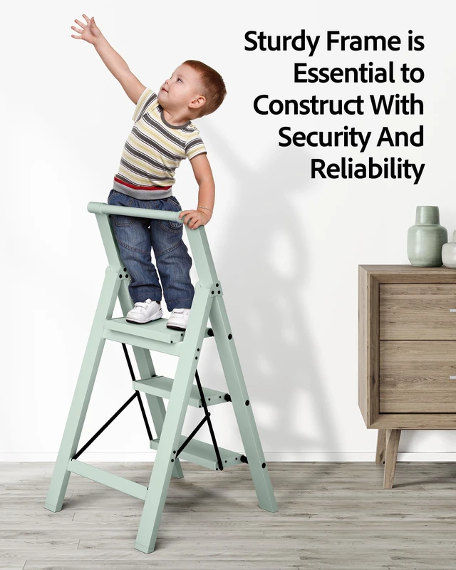 Alt view image 7 of 7 - 3 Step Ladder,Aluminum Step Stool Foldable-Fairyland Green Lightweight Folding Ladder with Handgrip,Wide Top Pedal,330lbs Capacity Stepladder for Home,Office,Kitchen