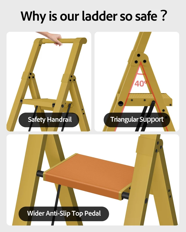 Alt view image 3 of 7 - 3 Step Ladder,Aluminum Step Stool Foldable-Twilight Yellow Lightweight Folding Ladder with Handgrip,Wide Top Pedal,330lbs Capacity Stepladder for Home,Office,Kitchen
