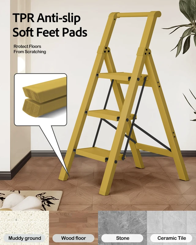 Alt view image 5 of 7 - 3 Step Ladder,Aluminum Step Stool Foldable-Twilight Yellow Lightweight Folding Ladder with Handgrip,Wide Top Pedal,330lbs Capacity Stepladder for Home,Office,Kitchen