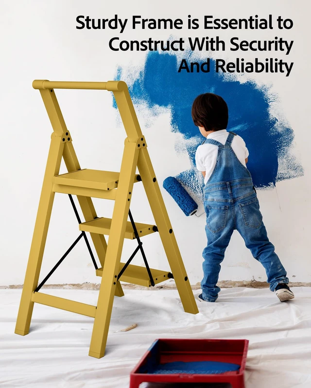 Alt view image 7 of 7 - 3 Step Ladder,Aluminum Step Stool Foldable-Twilight Yellow Lightweight Folding Ladder with Handgrip,Wide Top Pedal,330lbs Capacity Stepladder for Home,Office,Kitchen