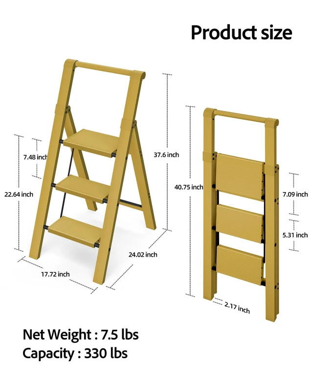 Alt view image 6 of 7 - 3 Step Ladder,Aluminum Step Stool Foldable-Twilight Yellow Lightweight Folding Ladder with Handgrip,Wide Top Pedal,330lbs Capacity Stepladder for Home,Office,Kitchen