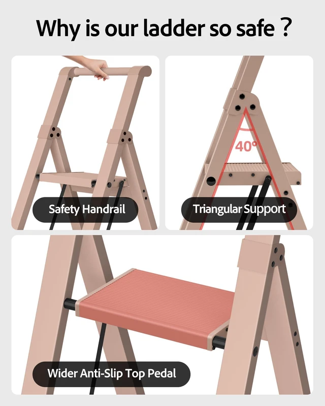 Alt view image 3 of 7 - 3 Step Ladder,Aluminum Step Stool Foldable-Peach Pink Folding Ladder with Handgrip,Wide Top Pedal,330lbs Capacity for Home,Office,Kitchen