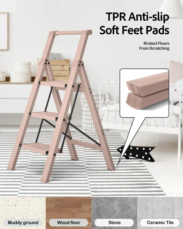 Alt view image 7 of 7 - 3 Step Ladder,Aluminum Step Stool Foldable-Peach Pink Folding Ladder with Handgrip,Wide Top Pedal,330lbs Capacity for Home,Office,Kitchen