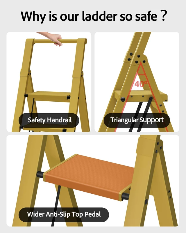 Alt view image 3 of 7 - 4 Step Ladder,Aluminum Step Stool Foldable-Twilight Yellow Lightweight Folding Ladder with Convenient Handgrip,Wide Top Pedal,330lbs Capacity Stepladder for Home,Office,Kitchen