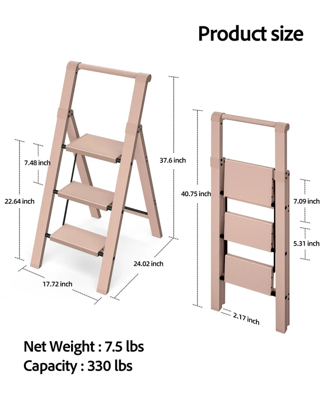 Alt view image 6 of 7 - 3 Step Ladder,Aluminum Step Stool Foldable-Peach Pink Folding Ladder with Handgrip,Wide Top Pedal,330lbs Capacity for Home,Office,Kitchen