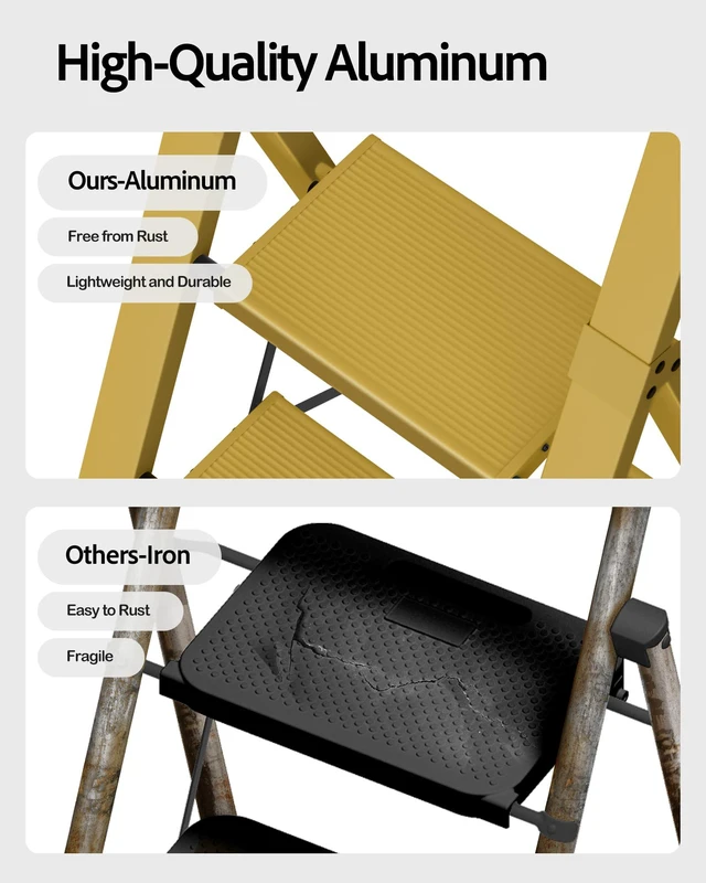 Alt view image 2 of 7 - 4 Step Ladder,Aluminum Step Stool Foldable-Twilight Yellow Lightweight Folding Ladder with Convenient Handgrip,Wide Top Pedal,330lbs Capacity Stepladder for Home,Office,Kitchen