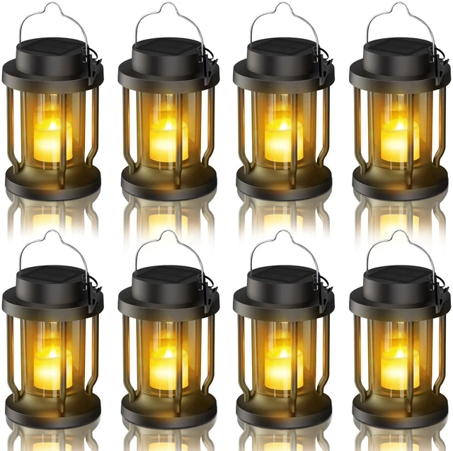 Main image of Solar Lantern Outdoor & Indoor Use Hanging Solar Lights with Realistic Flickering Flameless Candle, Weatherproof for Gardens, Patios, Trees, and Lawns (Black, 8 Pack)