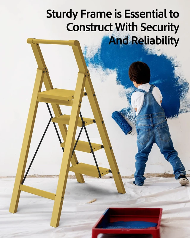 Alt view image 5 of 7 - 4 Step Ladder,Aluminum Step Stool Foldable-Twilight Yellow Lightweight Folding Ladder with Convenient Handgrip,Wide Top Pedal,330lbs Capacity Stepladder for Home,Office,Kitchen
