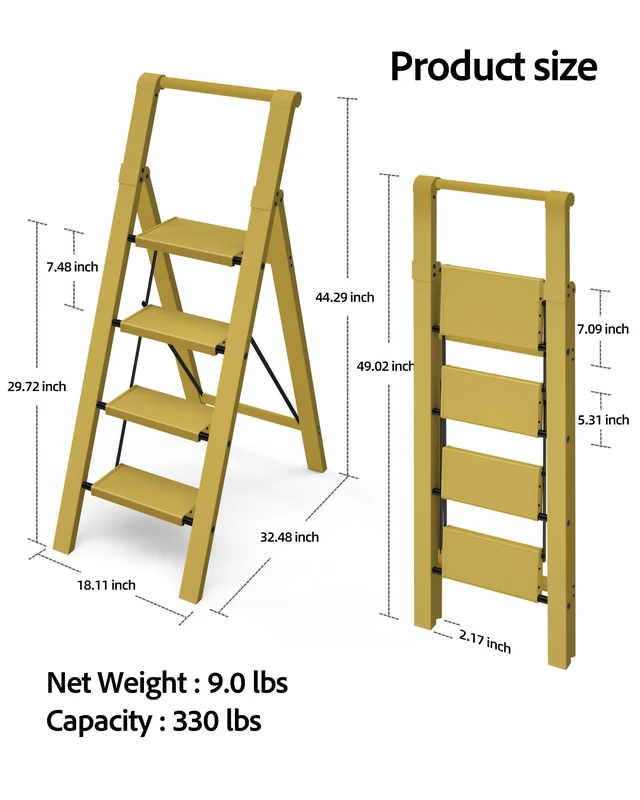 Alt view image 6 of 7 - 4 Step Ladder,Aluminum Step Stool Foldable-Twilight Yellow Lightweight Folding Ladder with Convenient Handgrip,Wide Top Pedal,330lbs Capacity Stepladder for Home,Office,Kitchen
