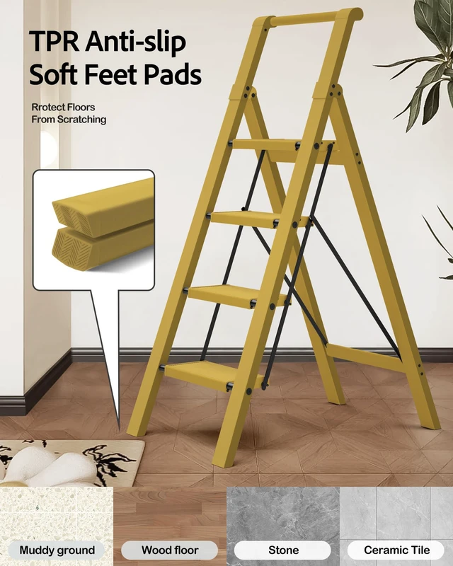 Alt view image 7 of 7 - 4 Step Ladder,Aluminum Step Stool Foldable-Twilight Yellow Lightweight Folding Ladder with Convenient Handgrip,Wide Top Pedal,330lbs Capacity Stepladder for Home,Office,Kitchen