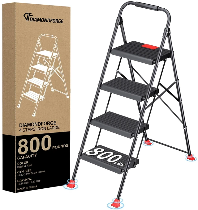 Main image of Step Ladder Foldable Folding Stool - for Home Adults Kitchen 4 Stepping Extension Tall Heavy Duty with Handrails - Closet Stepstool Stair Ladders Extendable Stepladder for Indoor House 800Lbs