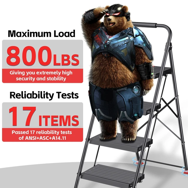 Alt view image 3 of 7 - Step Ladder Foldable Folding Stool - for Home Adults Kitchen 4 Stepping Extension Tall Heavy Duty with Handrails - Closet Stepstool Stair Ladders Extendable Stepladder for Indoor House 800Lbs