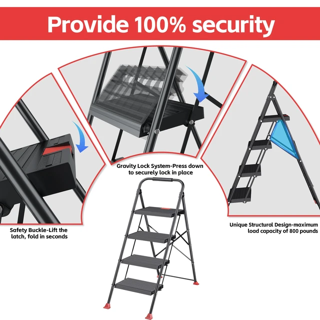 Alt view image 5 of 7 - Step Ladder Foldable Folding Stool - for Home Adults Kitchen 4 Stepping Extension Tall Heavy Duty with Handrails - Closet Stepstool Stair Ladders Extendable Stepladder for Indoor House 800Lbs