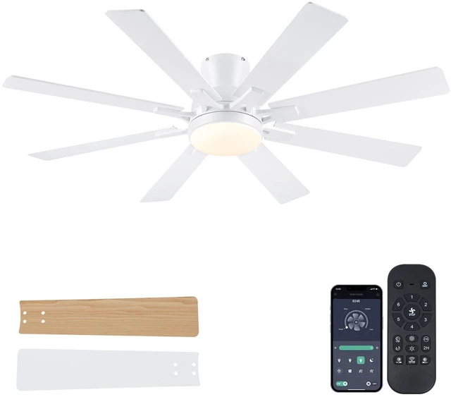 Main image of 52 Inch Ceiling Fans with Lights Flush Mount Indoor Outdoor White Modern Low Profile Ceiling Fan with Remote/APP for Bedroom Living Room, Quiet DC Motor, Dimmable, 8 Dual-finish Wood Blades