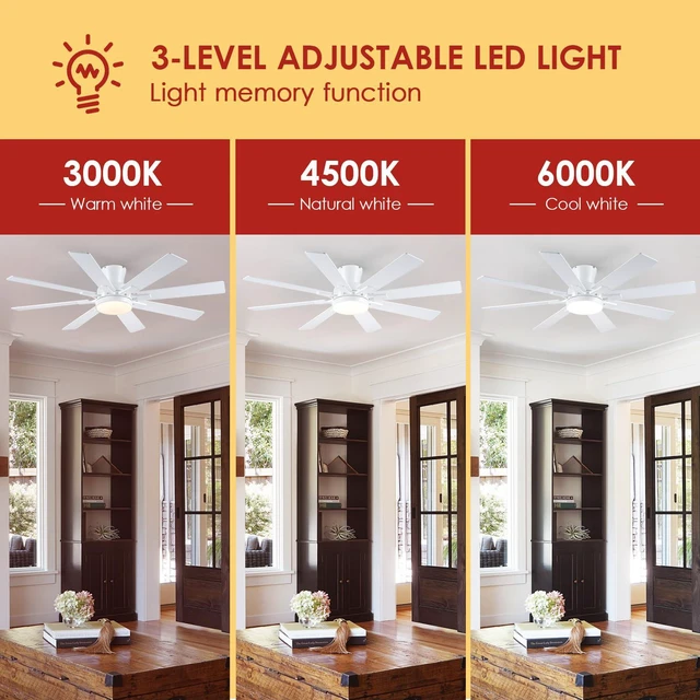 Alt view image 2 of 7 - 52 Inch Ceiling Fans with Lights Flush Mount Indoor Outdoor White Modern Low Profile Ceiling Fan with Remote/APP for Bedroom Living Room, Quiet DC Motor, Dimmable, 8 Dual-finish Wood Blades