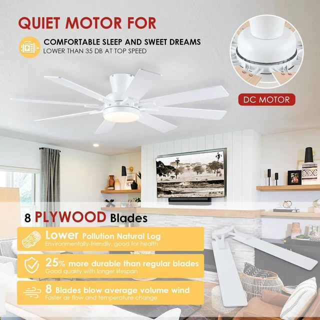 Alt view image 3 of 7 - 52 Inch Ceiling Fans with Lights Flush Mount Indoor Outdoor White Modern Low Profile Ceiling Fan with Remote/APP for Bedroom Living Room, Quiet DC Motor, Dimmable, 8 Dual-finish Wood Blades