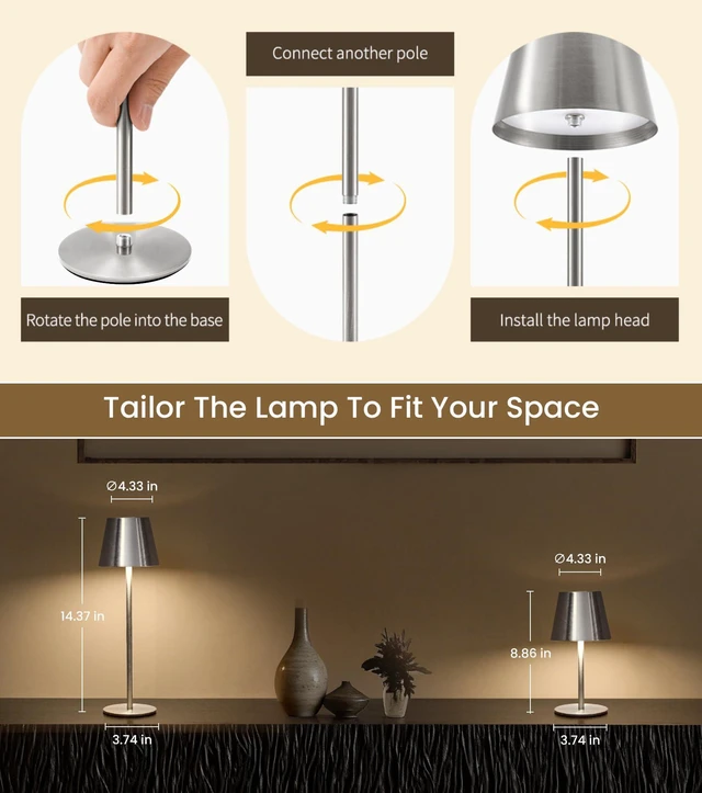 Alt view image 2 of 7 - 3 Pack Cordless Table Lamp, Portable Battery Operated Lamp with 3 Color Temps and Stepless Dimming, Rechargeable Table Lamp for Dinner, Desk, Cafe, Outdoor (Brushed Silver)