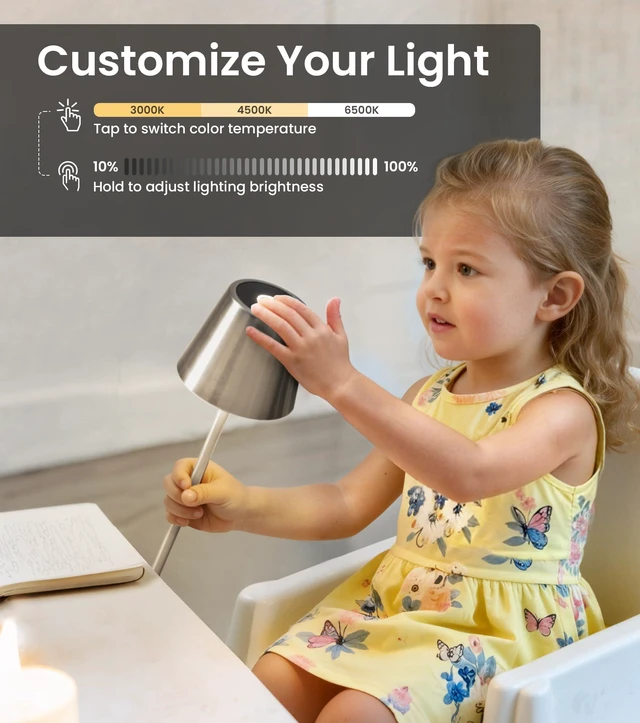 Alt view image 5 of 7 - 3 Pack Cordless Table Lamp, Portable Battery Operated Lamp with 3 Color Temps and Stepless Dimming, Rechargeable Table Lamp for Dinner, Desk, Cafe, Outdoor (Brushed Silver)