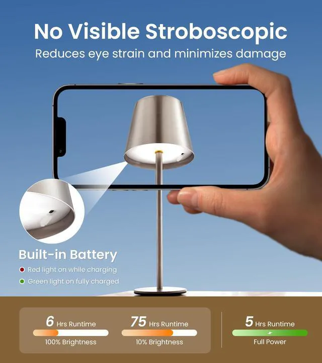 Alt view image 7 of 7 - 3 Pack Cordless Table Lamp, Portable Battery Operated Lamp with 3 Color Temps and Stepless Dimming, Rechargeable Table Lamp for Dinner, Desk, Cafe, Outdoor (Brushed Silver)
