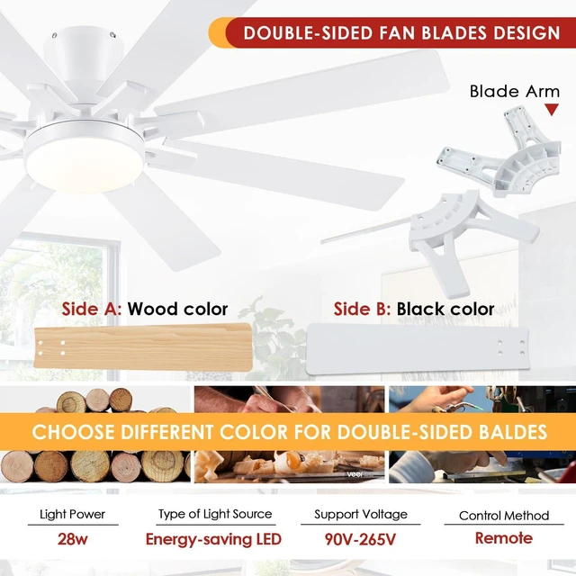 Alt view image 5 of 7 - 52 Inch Ceiling Fans with Lights Flush Mount Indoor Outdoor White Modern Low Profile Ceiling Fan with Remote/APP for Bedroom Living Room, Quiet DC Motor, Dimmable, 8 Dual-finish Wood Blades