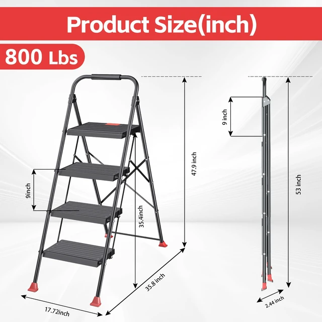 Alt view image 7 of 7 - Step Ladder Foldable Folding Stool - for Home Adults Kitchen 4 Stepping Extension Tall Heavy Duty with Handrails - Closet Stepstool Stair Ladders Extendable Stepladder for Indoor House 800Lbs
