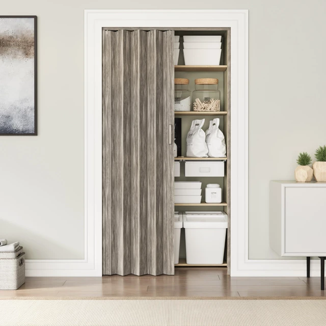 Alt view image 2 of 7 - 36" x 80" Premium Foldable Accordion Doors,Heavy Duty,Taupe Foldable accordion doors w/ doublewalled heavyduty panels, ideal as interior room dividers for privacy, spacesaving design