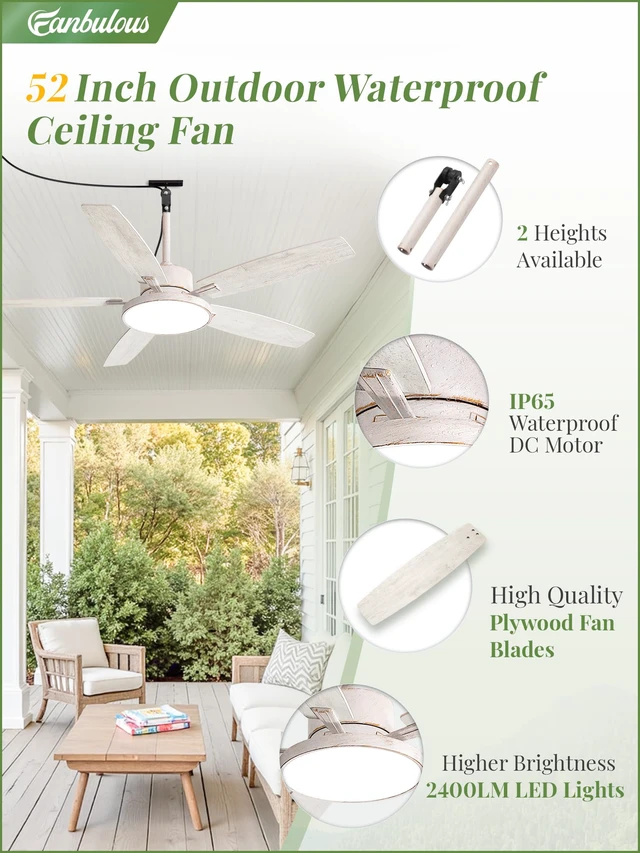 Alt view image 3 of 7 - 52" Outdoor Ceiling Fan with Light IP65 Outdoor Fans for Patio Waterproof Wet Rated Ceiling Fan with 6-Speed DC Motor, Farmhouse Plug in Gazebo Fan for Porch Patios Pavilion(White Gold)