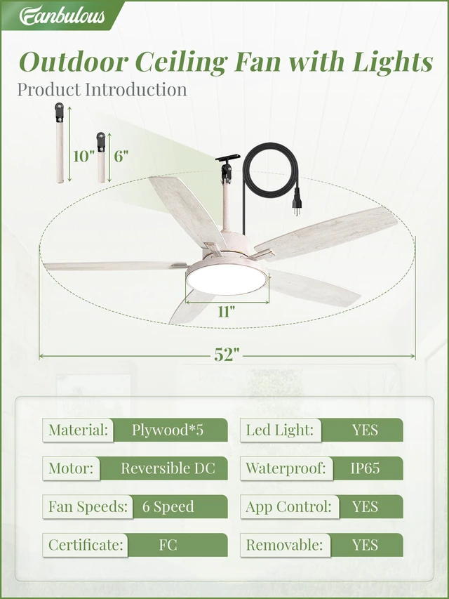 Alt view image 4 of 7 - 52" Outdoor Ceiling Fan with Light IP65 Outdoor Fans for Patio Waterproof Wet Rated Ceiling Fan with 6-Speed DC Motor, Farmhouse Plug in Gazebo Fan for Porch Patios Pavilion(White Gold)