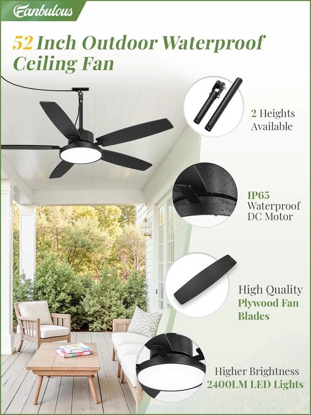 Alt view image 3 of 7 - 52" Outdoor Ceiling Fans with Light and Remote IP65 Wet Rated Waterproof Black Ceiling Fan with 6-Speed DC Motor, Farmhouse Plug in Gazebo Fan for Porch Patios Pavilion