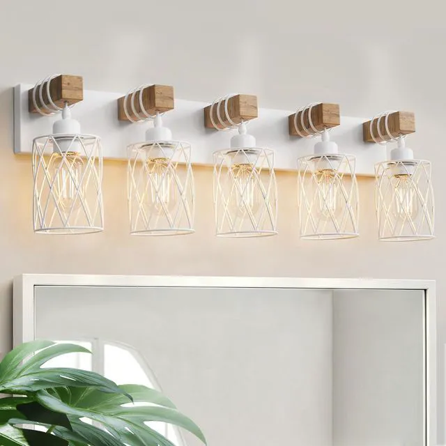 Main image of Farmhouse Bathroom Vanity Light, 5-Light Wood Bathroom Light Fixtures Over Mirror, Matte White Industrial Vanity Lights with Metal Shade, Rustic Restroom Lighting Fixtures