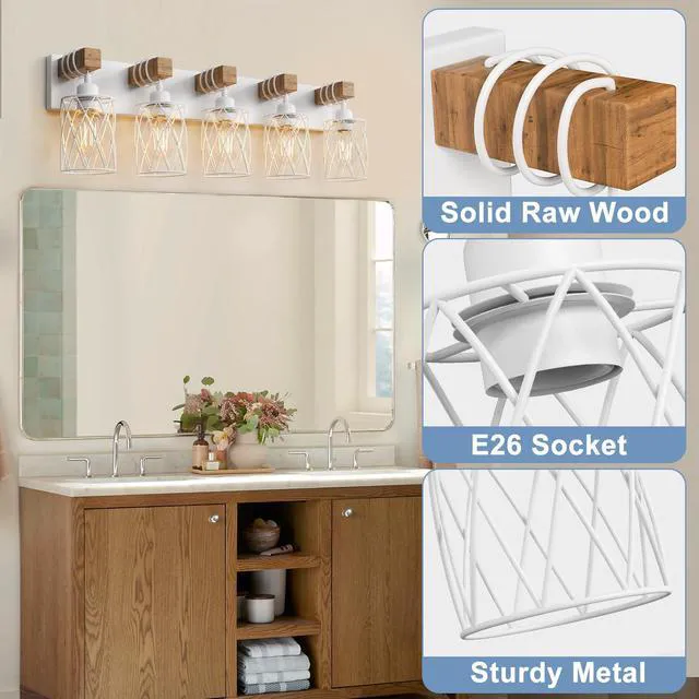Alt view image 2 of 6 - Farmhouse Bathroom Vanity Light, 5-Light Wood Bathroom Light Fixtures Over Mirror, Matte White Industrial Vanity Lights with Metal Shade, Rustic Restroom Lighting Fixtures