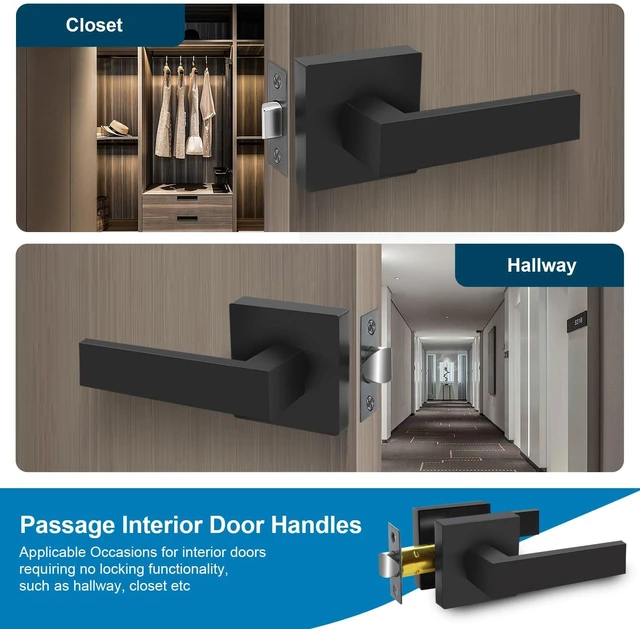 Alt view image 3 of 7 - Passage Door Lever, 6 Pack Matte Black Interior Door Handles for Hallway and Closet, Heavy Duty Square Interior Keyless Door Handles Non-Locking Door Knobs for Right & Left Side Door