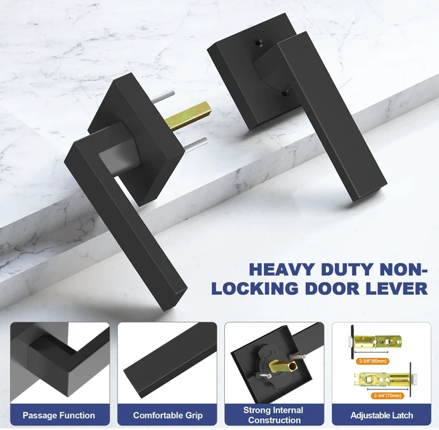 Alt view image 6 of 7 - Passage Door Lever, 6 Pack Matte Black Interior Door Handles for Hallway and Closet, Heavy Duty Square Interior Keyless Door Handles Non-Locking Door Knobs for Right & Left Side Door