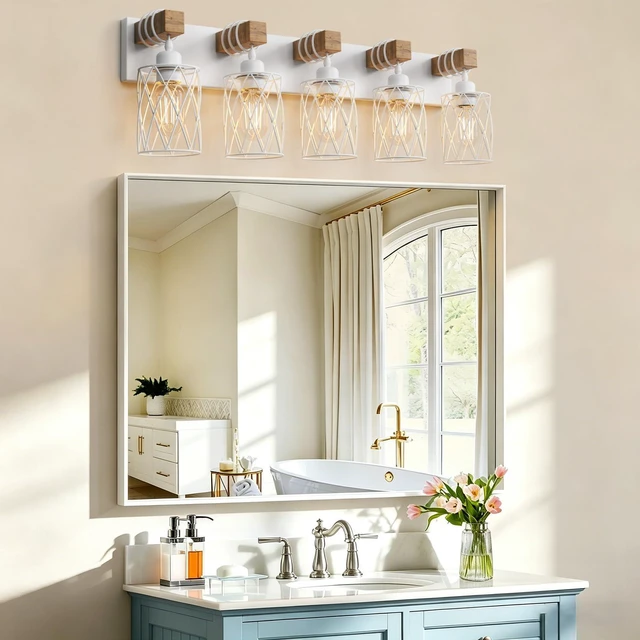 Alt view image 3 of 6 - Farmhouse Bathroom Vanity Light, 5-Light Wood Bathroom Light Fixtures Over Mirror, Matte White Industrial Vanity Lights with Metal Shade, Rustic Restroom Lighting Fixtures