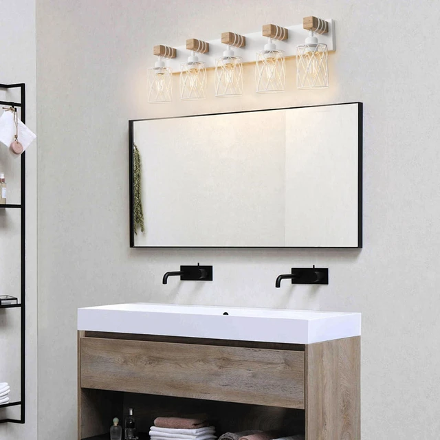 Alt view image 4 of 6 - Farmhouse Bathroom Vanity Light, 5-Light Wood Bathroom Light Fixtures Over Mirror, Matte White Industrial Vanity Lights with Metal Shade, Rustic Restroom Lighting Fixtures