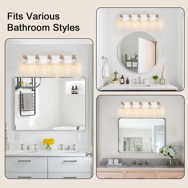 Alt view image 6 of 6 - Farmhouse Bathroom Vanity Light, 5-Light Wood Bathroom Light Fixtures Over Mirror, Matte White Industrial Vanity Lights with Metal Shade, Rustic Restroom Lighting Fixtures