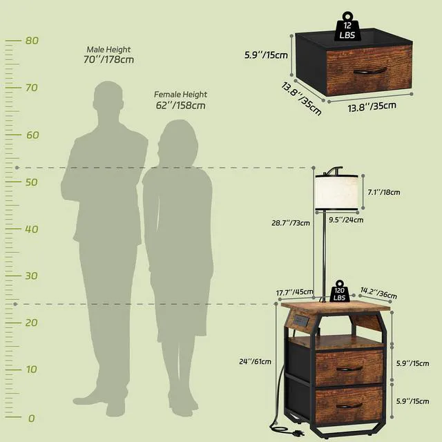 Alt view image 3 of 7 - Floor Lamp with Table, End Table with Light and Charging, Rustic 3-Color Temperature Bulb, Type-C USB Port & Power Outlets, Fabric Drawers, Lamp Table Combo for Living Room Bedroom Dorm