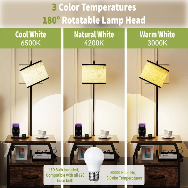 Alt view image 4 of 7 - Floor Lamp with Table, End Table with Light and Charging, Rustic 3-Color Temperature Bulb, Type-C USB Port & Power Outlets, Fabric Drawers, Lamp Table Combo for Living Room Bedroom Dorm
